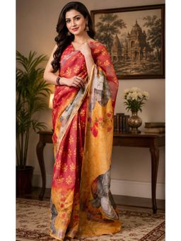 Elora - Red and Orange Chanderi Floral Motifs Printed Ready To Wear Saree with Unstitched Blouse