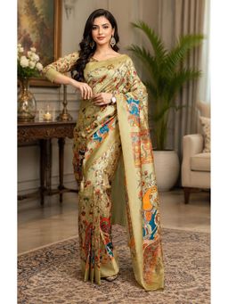 Elora - Green Chanderi Cotton Kalamkari Printed Ready To Wear Saree with Unstitched Blouse
