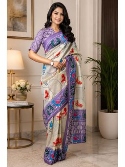 Elora - Cream and Lavender Chanderi Bird Ready To Wear Saree with Unstitched Blouse