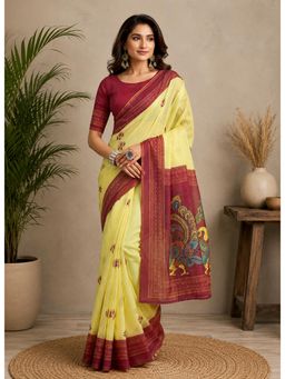 Elora - Yellow and Maroon Chanderi Cotton Printed Ready To Wear Saree with Unstitched Blouse