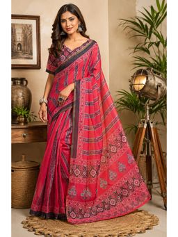 Elora - Pink Chanderi Cotton Ajrakh Printed Ready To Wear Saree with Unstitched Blouse