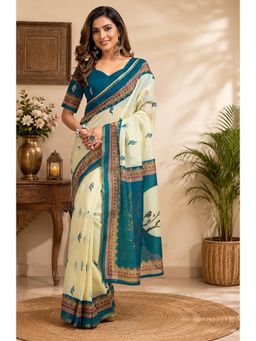 Elora - Cream Chanderi Cotton Ajrakh Printed Ready To Wear Saree with Unstitched Blouse