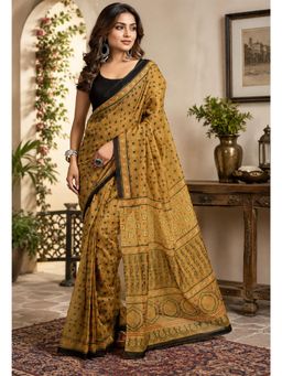 Elora - Mustard Chanderi Cotton Kalamkari Printed Ready To Wear Saree with Unstitched Blouse
