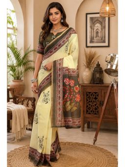 Elora - Yellow Chanderi Black Floral Printed Ready To Wear Saree with Unstitched Blouse