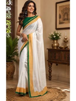 Elora - White Chanderi Cotton Kerala Kasavu Printed Ready To Wear Saree with Unstitched Blouse
