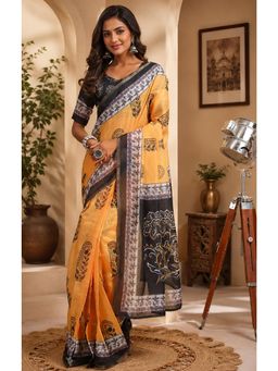 Elora - Mustard Chanderi Cotton Bagru Print Printed Ready To Wear Saree with Unstitched Blouse