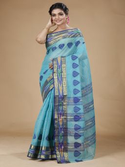 SLAGHA - Womens Ethnic Pure Cotton Saree without Blouse - Turquoise