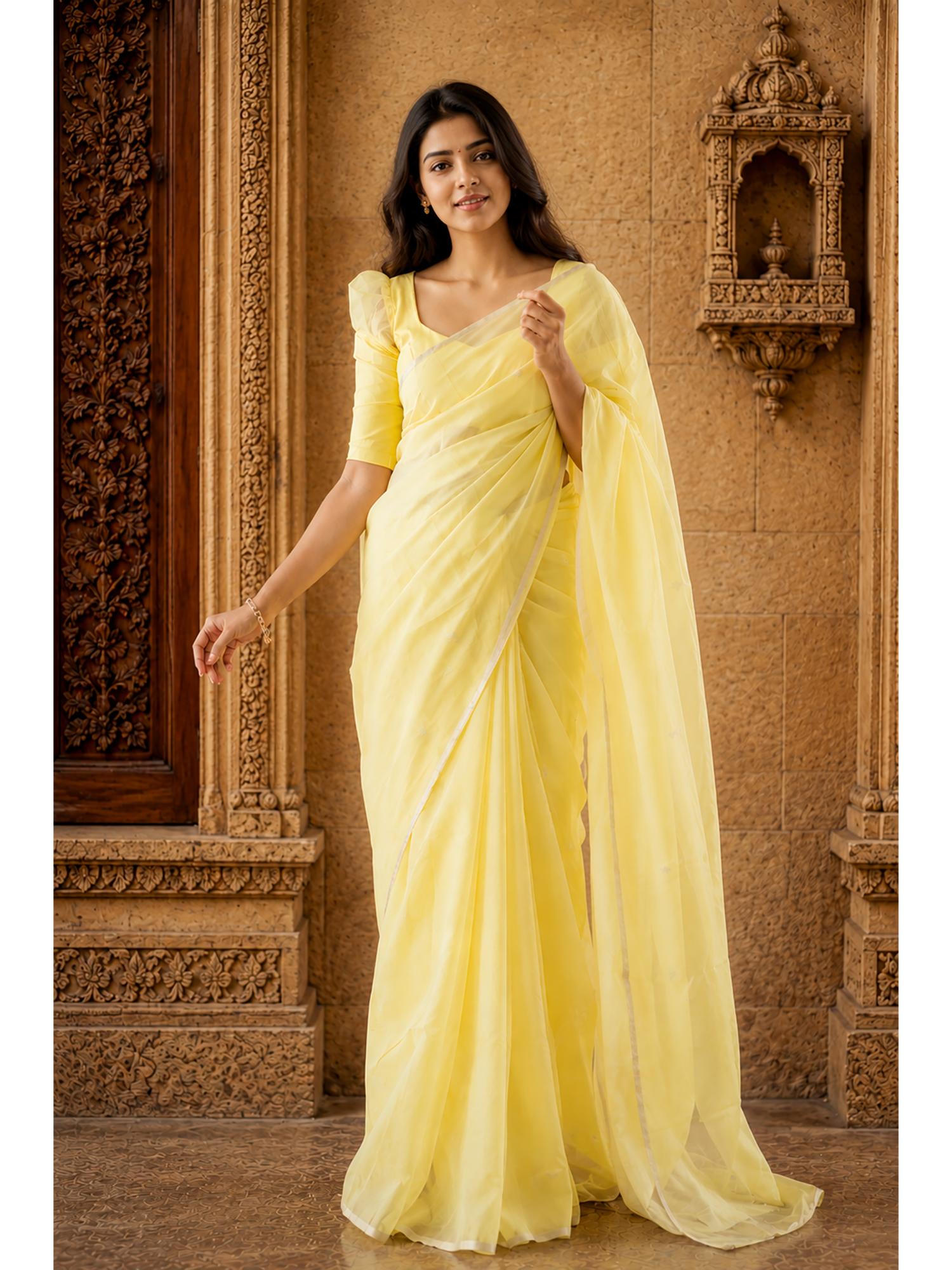 Yellow Designer Cotton Silk Kanjivaram Solid Saree with Unstitched Blouse-image-13
