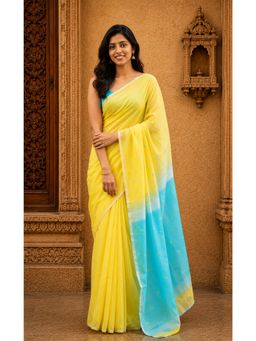 AMRUTKALA SAREES - Yellow Designer Cotton Silk Kanjivaram Solid Saree with Unstitched Blouse