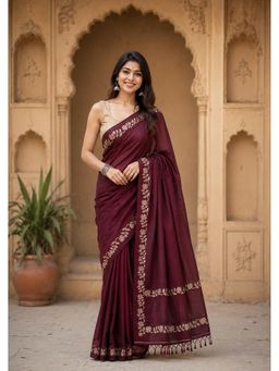 AMRUTKALA SAREES - Maroon Designer Linen Printed Solid Saree with Unstitched Blouse