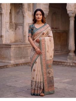 AMRUTKALA SAREES - Beige Designer Linen Printed Solid Saree with Unstitched Blouse