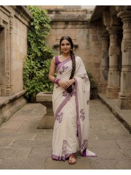 AMRUTKALA SAREES - White Designer Linen Printed Solid Saree with Unstitched Blouse