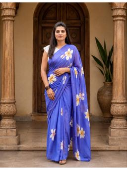 AMRUTKALA SAREES - Blue Designer Linen Printed Solid Saree with Unstitched Blouse
