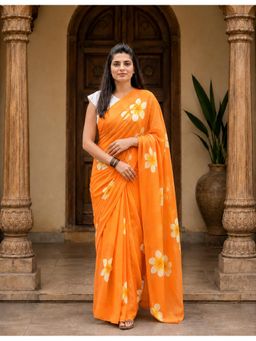 AMRUTKALA SAREES - Orange Designer Linen Printed Solid Saree with Unstitched Blouse