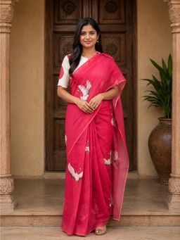 AMRUTKALA SAREES - Pink Designer Linen Printed Solid Saree with Unstitched Blouse
