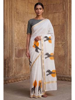 AMRUTKALA SAREES - White Designer Linen Printed Solid Saree with Unstitched Blouse