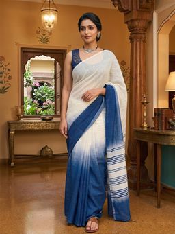 AMRUTKALA SAREES - White Designer Linen Printed Solid Saree with Unstitched Blouse
