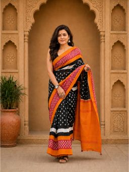 AMRUTKALA SAREES - Black Designer Linen Printed Saree with Unstitched Blouse