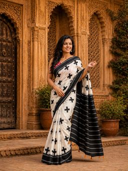 AMRUTKALA SAREES - White-Black Designer Linen Printed Solid Saree with Unstitched Blouse
