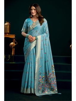 Mysilklove - Baby Blue Handloom Muga Cotton Saree with Unstitched Blouse