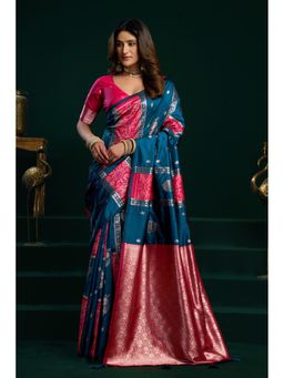 Mysilklove - Force Blue Banarasi Handloom Soft Silk Saree with Unstitched Blouse