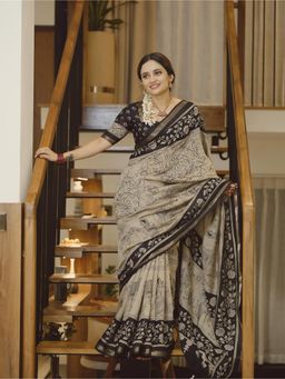 Mysilklove - Dusty Beige and Black Kalamkari Printed Cotton Saree