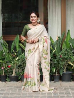 Mysilklove - Milk Cream Woven Linen Cotton Saree