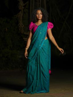 Suta - Green Blue Dhoop Chaon Mulmul Cotton Saree without Blouse