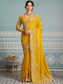 Odette - Yellow Georgette Cut Work Saree with Unstitched Blouse