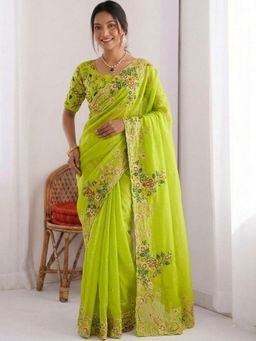 Odette - Lime Green Silk Cut Work Saree with Unstitched Blouse