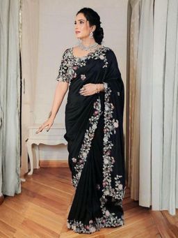 Odette - Black Georgette Embroidered Saree with Unstitched Blouse