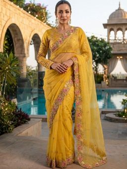 Odette - Mustard Yellow Chiffon Cut Work Saree with Unstitched Blouse