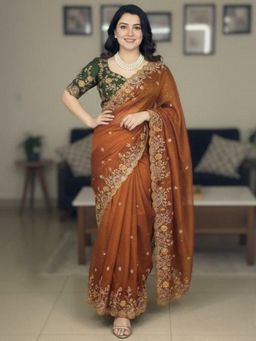 Odette - Rust Silk Embroidered Saree with Unstitched Blouse