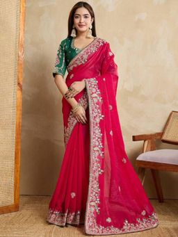 Odette - Deep Pink Chiffon Embroidered Saree with Unstitched Blouse