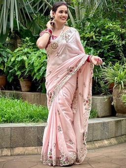 Odette - Light Pink Silk Embroidered Saree with Unstitched Blouse