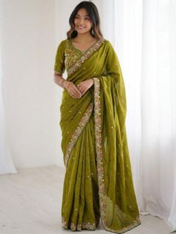 Odette - Olive Green Satin Cut Work Saree with Unstitched Blouse