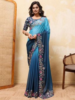Odette - Navy Blue Georgette Cut Work Saree with Unstitched Blouse