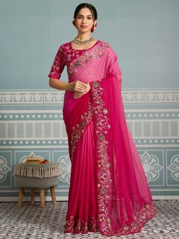 Odette - Dark Pink Georgette Cut Work Saree with Unstitched Blouse
