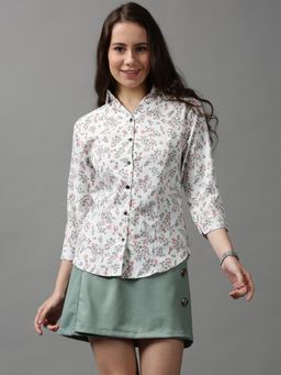 SHOWOFFFF - Women's Spread Collar Printed White Polyester Shirt