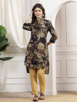Nayam by lakshita - Floral Printed Mandarin Collar Gotta Patti Chanderi Cotton Kurta