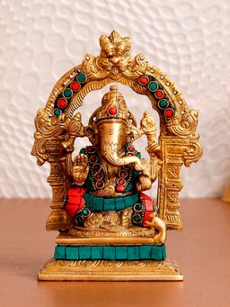 eCraftIndia - Lord Ganesha Brass Idol Sitting on Singhasan with Colourful Stone Work