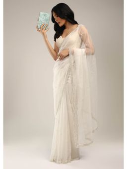 KALKI FASHION - Powder White Saree in Organza with Moti and Stones Embroidered Border