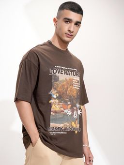 HIGHLANDER - Men Brown Crew Neck Half Sleeve Oversized T Shirt