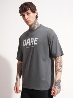 HIGHLANDER - Typography Printed Drop-Shoulder Sleeves Oversized T-Shirt - Grey