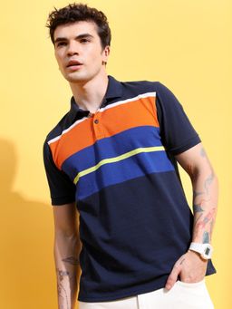 HIGHLANDER - Navy Blue Colorblock Slim Fit Polo T-Shirt