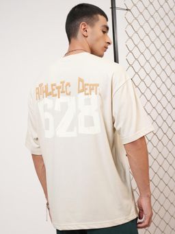 HIGHLANDER - Men Cream Oversized Drop Shoulder Crew Neck Half Sleeve T Shirt