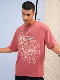 HIGHLANDER - Men Pink Puff Printed Crew Neck Half Sleeve Oversized T-Shirt