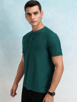 HIGHLANDER - Men Teal Self Design Henley Relaxed Fit T-Shirt