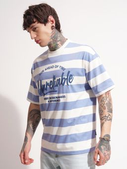 HIGHLANDER - Typography Printed Crew Neck Drop-Shoulder Sleeves Oversized T-Shirt - Blue