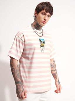 HIGHLANDER - Striped Crew Neck Drop-Shoulder Sleeves Oversized T-Shirt - Pink